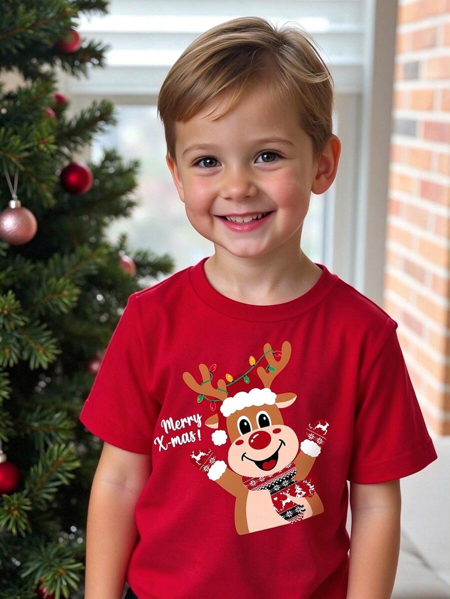 Young Boy Casual Minimalist Kids Round Neck Short Sleeve Loose Fit T-Shirt Suitable For Summer Christmas Elements - Multicolor - View 1