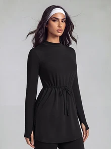SHEIN With My Calm Kaos Olahraga Lengan Panjang Wanita Timur Tengah dengan Tali Serut - Hitam - View 6