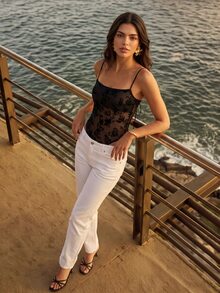 CAJUNI كاميسول نسائي من الشبك المخملي بتصميم عصري - الأسود - مشاهدة 4