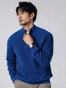Manfinity Homme 男士純色半拉鍊長袖休閒毛衣 辦公商務款 酒紅色 秋冬 - 藍色 - 查看 4