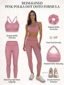 Fluxe Pink Polka Dot Ruffle Spaghetti Strap Bra Flare Pants Set, Built-In Pads, Soft, Stretchy, Breathable For Gym Yoga Pilates. Gymtok Elegant Casual Outfit - Pink - View 3