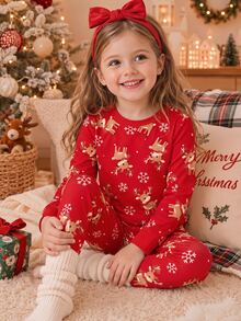 聖誕紅色可愛卡通童趣馴鹿印花 女童幼兒休閒極簡舒適抓絨內裡長袖長褲家居服套裝 新款睡衣套裝 適合秋冬 貼身保暖 冬季居家日常 聖誕禮物 節日派對 姊妹裝 甜美復古女孩風 舒適氛圍 - 彩色 - 查看 7