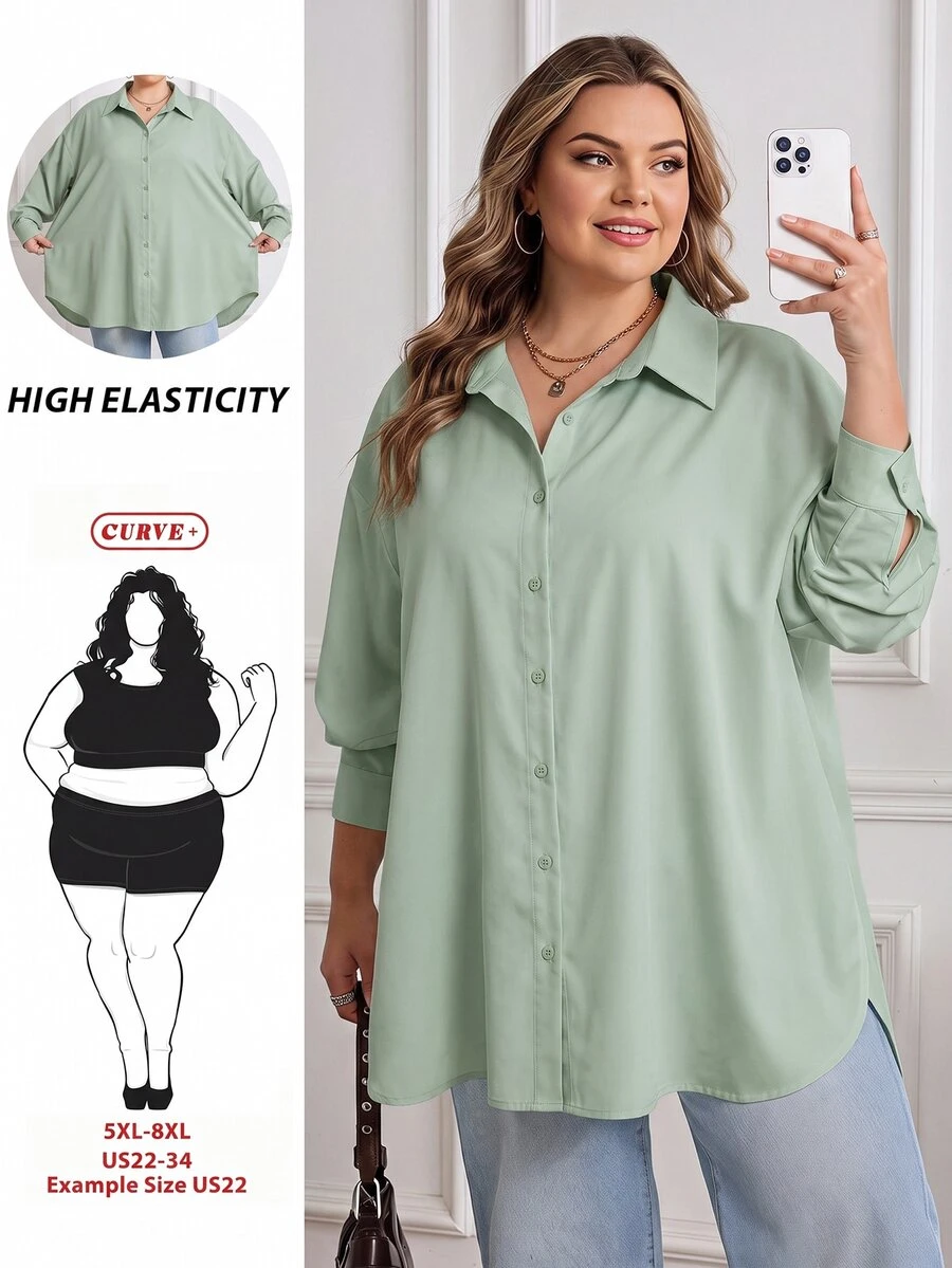 SHEIN CURVE+ 大尺碼秋冬寬鬆白色基本款長袖鈕扣襯衫上衣 2026 22W - 薄荷綠 - 查看 1