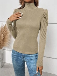 SHEIN Clasi 女款秋季簡約鈕扣裝飾泡泡袖高領長袖T恤 - 卡其色 - 查看 3