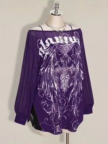 SHEIN ICON 大尺碼 Y2K 復古龐克印花透視網紗高開衩迷你洋裝哥德風圖案印花長袖洋裝秋季哥德上衣 - 紫色 - 查看 6