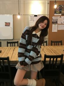 Dazy Tall Women's Collared Striped Korean Style Long Sleeve Autumn/Winter Sweater - Blue - View 7