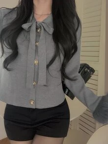 DAZY Women's Tie-Neck Casual Versatile Daily Wear Cardigan - Grey - View 5