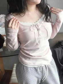 Dazy Plus Korean Style Pink Lace Patchwork Slim Fit Contrast Color Casual Daily Long Sleeve T-Shirt - Pink - View 1