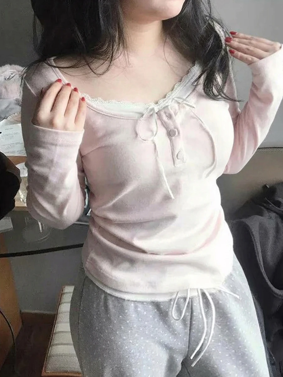 Dazy Plus Korean Style Pink Lace Patchwork Slim Fit Contrast Color Casual Daily Long Sleeve T-Shirt - Pink - View 1