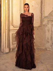 Aureia Elegant Coffee Brown Lace Patchwork Organza Asymmetrical Neckline Multi-Layer Ruffle Skirt Evening Gown - Coffee Brown - View 1