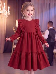 SHEIN Tween Girl Spring Autumn Tween Girl Winter Casual Vacation Elegant Fashion Woven Solid Color Round Neck Ruffle Hem Fitted Dress Tween Girl - Red - View 6