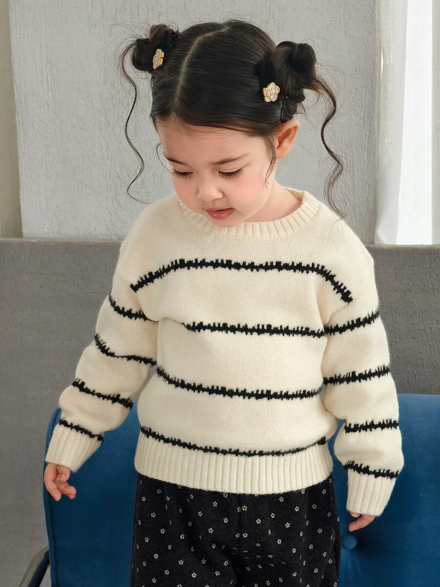 Dazy Kids Infant (Girl) Round Neck Striped Korean Style Long Sleeve Autumn/Winter Sweater - White - View 1