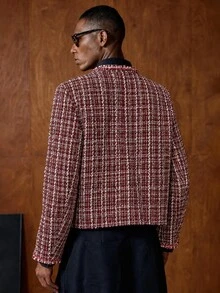 AKNOTIC Men's Thickened Brooch Jacket, Cream White & Gold, Autumn/Winter, Party, Holiday, Commute, Exhibition, Pocket, Warm - Red - View 5