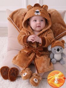 Jubah Mandi Bayi Laki-laki Lucu Bergambar Singa Lembut dengan Tudung, Jubah Mandi Tebal dari Bulu Karang dengan Tali Pinggang, Jubah Mandi yang Menyerap Air untuk di Rumah - Coklat - View 9