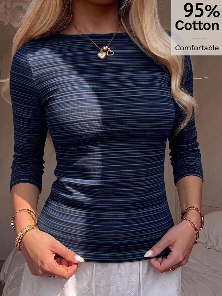 SHEIN EZwear 女款極簡條紋拼色收腰 T 恤 - 彩色 - 查看 1