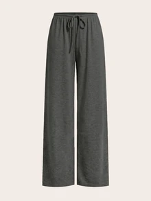 SHEIN EZwear 舒適黑色米色針織長直筒褲，附口袋設計，休閒基礎款，夏季居家休閒褲 - 彩色 - 查看 8