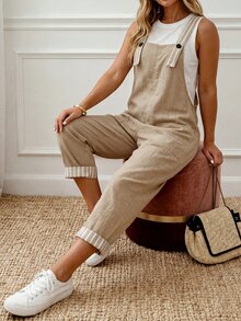 EMERY ROSE Women's Loose-Fitting Utility-Style Overall Jumpsuit Featuring A Linen-Textured Fabric, Striped Cuffed Hems, Large Side Pockets, And Adjustable Button - Multicolor - View 4