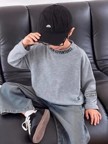 Kids YoungBoy 韓系休閒字母印花舒適針織面料長袖T恤，舒適時尚簡約實用百搭柔軟 - 灰色 - 查看 3