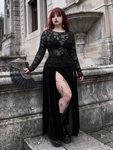 Whyspr Plus Size Early Autumn Punk Flocked Snake Print Sheer Long Sleeve T-Shirt - Black - View 3
