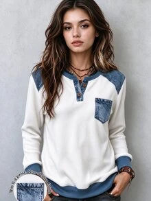 INAWLY Women's Colorblock Casual Daily Long Sleeve Sweatshirt - Apricot - View 1