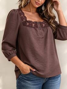 Weeklong Women's Plus Size Autumn/Winter Casual Vacation Lace Patchwork Square Neck Button Mid-Sleeve Ribbed Fabric Top, Suitable For Daily Casual Commuting Wear - Brown - View 5