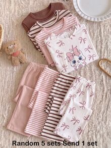 SHEIN Tween女孩2件式卡通印花粉色圓領套頭上衣與寬鬆長褲針織面料柔軟舒適休閒睡衣套裝，新設計 - 杏色 - 查看 2
