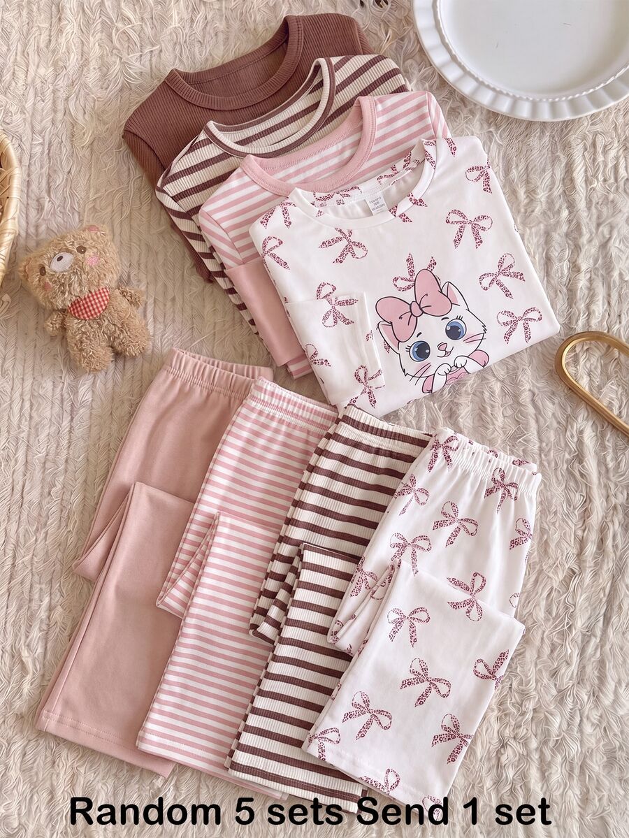 SHEIN Piyama Kasual Lembut dan Nyaman Berwarna Pink Motif Kartun untuk Anak Perempuan Usia 2-12 Tahun, Model Baru untuk Anak Perempuan Usia 12 Tahun - Aprikot - View 1