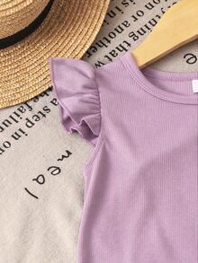 SHEIN 女童短袖上衣 + 復古小碎花寬腿褲 2件套，低飽和森系風格，適合日常穿著，7歲生日夏季紫色 - 淡紫色 - 查看 4