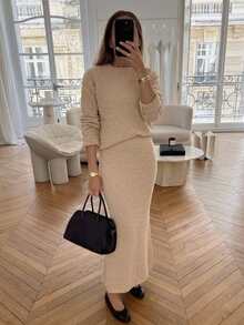 Livesso Women's Solid Color Round Neck Drop Shoulder Long Sleeve Sweater And Knit Skirt Elegant Set - White - View 5