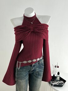 Elamini 1pc Women's Charcoal Gray Personalized Delicate Halter Tie Bow Design Cold-Shoulder Asymmetric Hem Elastic Knit Casual Sweater, Autumn/Winter - Red - View 6