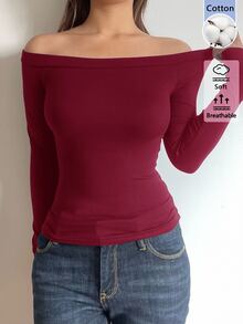 SHEIN BASICS 女款純色露肩修身百搭日常長袖T恤 海軍藍 - 酒紅色 - 查看 6