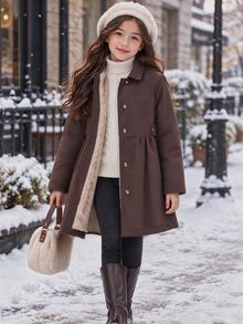 SHEIN 青少年女孩冬季抓絨連帽防風夾克外套，拉鍊開襟長袖，保暖內裡，收腰設計，經典寬鬆版型，米色，適合秋季 - 棕色 - 查看 2