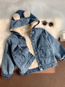 SHEIN 兒童男孩女孩秋冬休閒牛仔夾克保暖內裡夾克男童外套加厚外套 - 彩色 - 查看 5