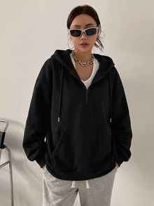 DAZY 拉鍊式落肩抽繩保暖內裡連帽衛衣，長袖上衣，秋季女裝運動衫外套 - 黑色 - 查看 2