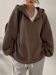 DAZY 拉鍊式落肩抽繩保暖內裡連帽衛衣，長袖上衣，秋季女裝運動衫外套 - 咖啡棕 - 查看 6