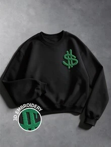 Manfinity EMRG Unisex Loose-Fit Black Polyester Crew Neck Sweatshirt With 3D Embroidered Dollar Sign Graphic For Streetwear - Black - View 2