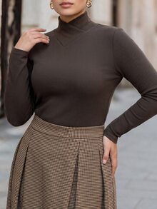 Chikora Plus Size Autumn/Winter Commute Elegant High Neck Base Layer Top - Brown - View 3