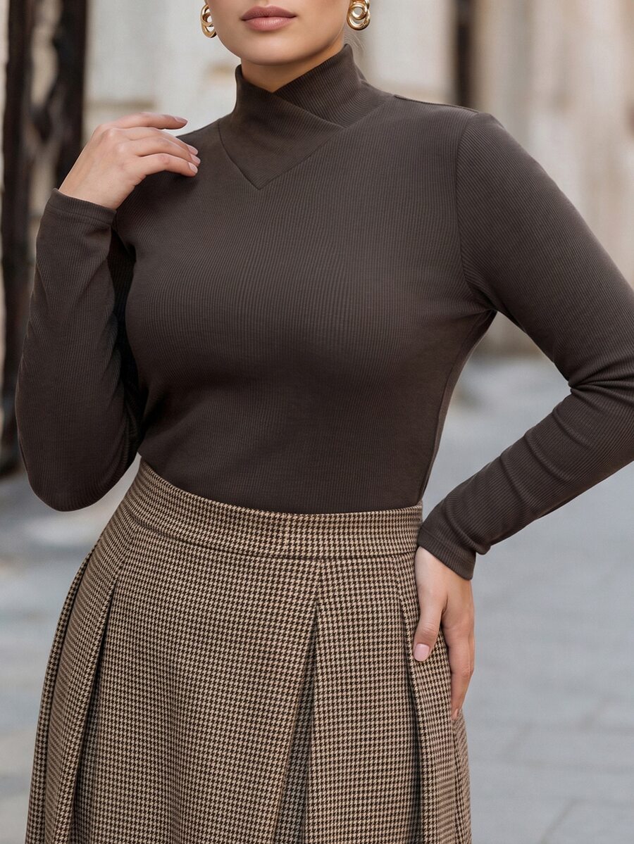 Chikora Plus Size Autumn/Winter Commute Elegant High Neck Base Layer Top - Brown - View 1