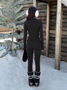 Sunnyshic Street Style Solid Color Long Sleeve Half-Zip Jumpsuit, Suitable For Autumn Daily Wear, Skiing And Fitness - Black - View 2