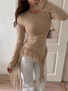 Livesso Women's Elegant Solid Color Ruffle Hem T-Shirt Fall - Brown - View 3