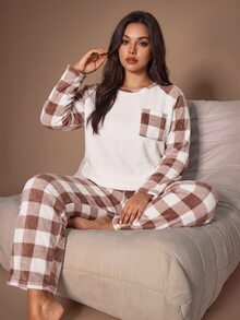 Lazeform Plus Size Plaid Patchwork Coral Fleece Pajama Set - Multicolor - View 5