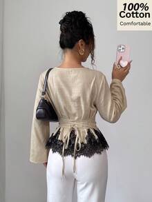 Siren Gaze 女款 100% 純棉舒適船領長袖上衣，黑色蕾絲飾邊，優雅度假冬季上衣 - 杏色 - 查看 2