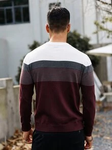 Marvello Homme 男士藍白條紋羅紋針織毛衣，秋季休閒商務辦公圓領長袖套頭衫，節慶時尚情侶情侶款男士毛衣 - 酒紅色 - 查看 2