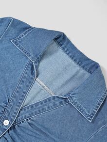 GlowEve Women's Lace Patchwork Pleated Single-Breasted Denim Shirt - Medium Wash - View 3