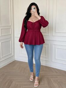 Vibekara Áo peplum nữ size lớn tay dài, cạp chun có dây rút, cài nút trước, thời trang mùa thu - Màu Đỏ Sâu - Xem 3