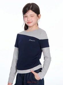 Dazy Kids Kaos Kasual Sehari-hari Model Dua Potong Patchwork untuk Remaja Perempuan - Grey - View 3