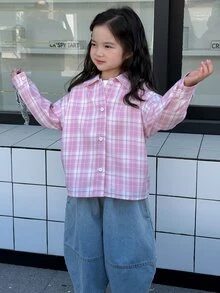 Dazy Kids Young Girl) Plaid Casual Loose Fit Long Sleeve Autumn Outerwear Basic Shirt - Pink - View 2
