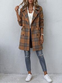 Holdful Holdful Winter Clothes Women's Brown Grey Plaid Wool Blend Coat, Notched Collar, Double Breasted Button - Multicolor - View 8