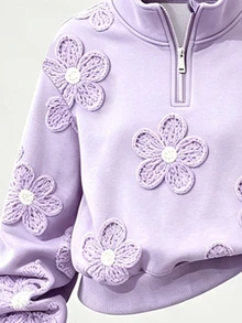 女童 2 件套運動衫套裝，柔軟芋紫色，花卉滿版印花，半拉鍊立領短版運動衫，寬鬆休閒運動風，甜美花卉圖案，學生日常穿著，百搭休閒直筒運動長褲，秋冬款 - 彩色 - 查看 4