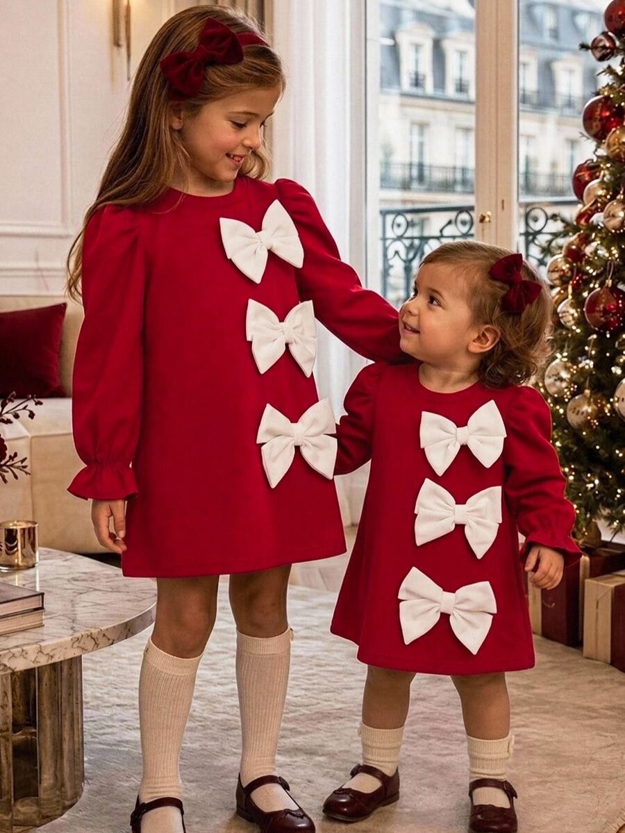 SHEIN Baby Girl Knitted Small Stand Collar Petal Sleeve Color Block 3D Bow Casual Dress,Christmas, Red - Red and White - View 1